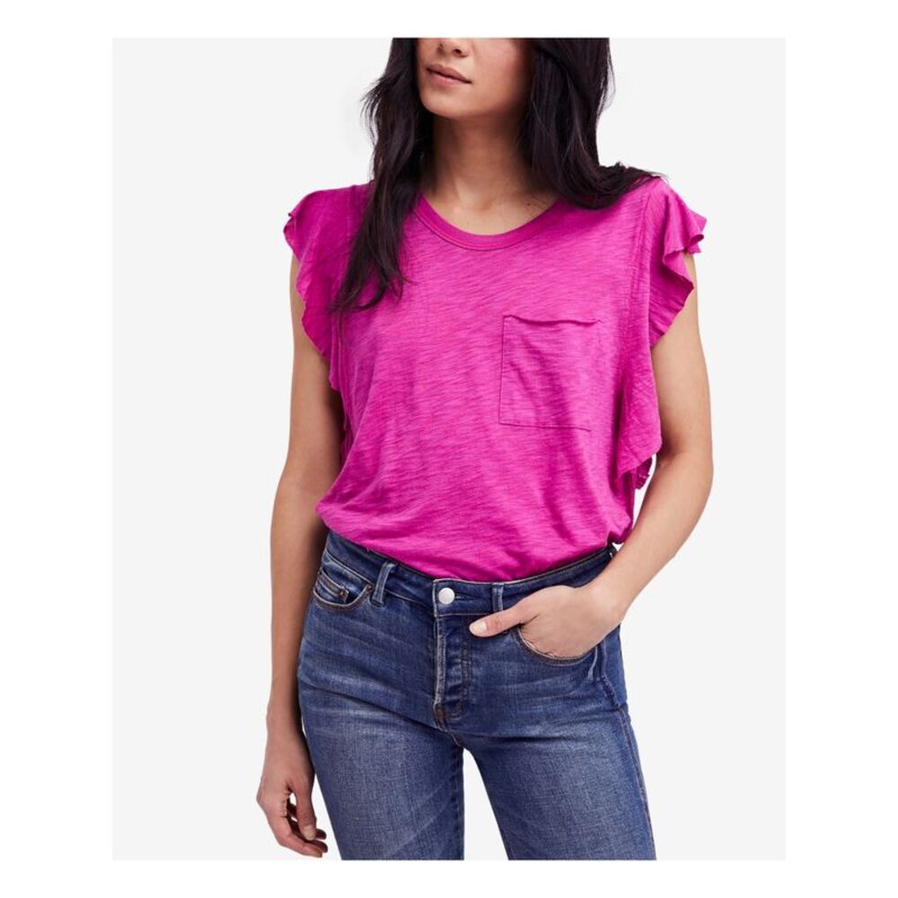 WE THE FREE Womens Purple Ruffled Sleeves Scoop Neck Top S